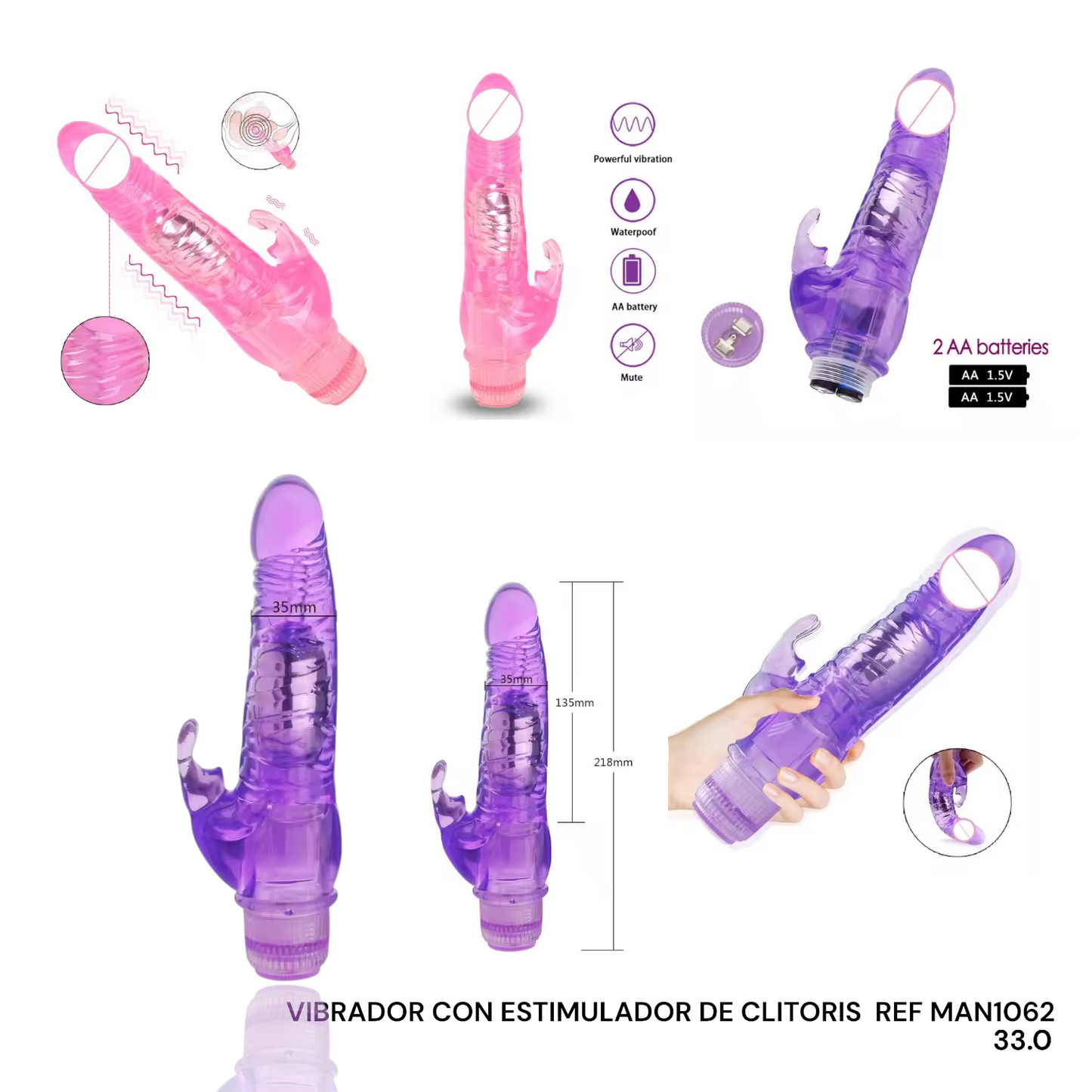 VIBRADOR CON ESTIMULADOR DE CLITORIS PILAS